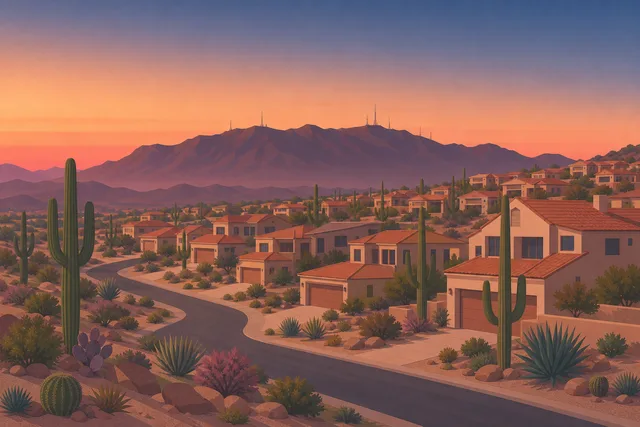 Illustration of Ahwatukee Foothills, Phoenix — 1990s two-story stucco and tile homes on desert foothill streets beneath the South Mountain ridge and its antenna towers