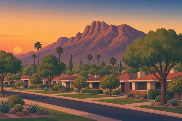 Illustration of Arcadia, Phoenix — mid-century ranch homes on lush flood-irrigated lots with citrus trees below Camelback Mountain at dusk