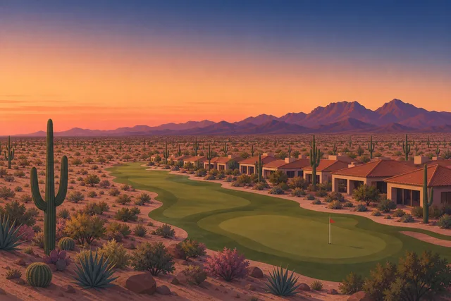 Illustration of Sun City Festival, Buckeye — single-story Del Webb 55+ homes along a golf fairway at the open edge of the saguaro-dotted Sonoran desert