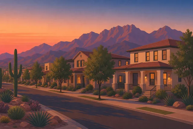 Illustration of Verrado, Buckeye — front-porch homes on a tree-lined New Urbanism street with the White Tank Mountains rising behind