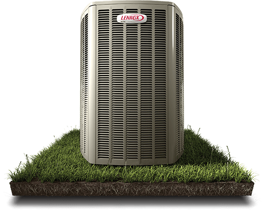 Lennox HVAC unit installed on turf, on white background.